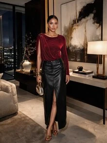 Silquee Women's Solid Color Shoulder Metal Design Pleated One-Shoulder Long Sleeve Bodysuit - Burgundy - View 6