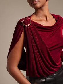 Silquee Women's Solid Color Shoulder Metal Design Pleated One-Shoulder Long Sleeve Bodysuit - Burgundy - View 11