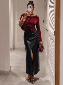 Silquee Women's Solid Color Shoulder Metal Design Pleated One-Shoulder Long Sleeve Bodysuit - Burgundy - View 1