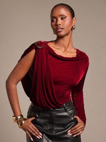 Silquee Women's Solid Color Shoulder Metal Design Pleated One-Shoulder Long Sleeve Bodysuit - Burgundy - View 9