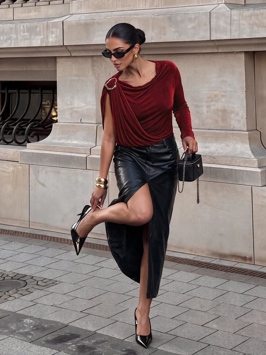 Silquee Women's Solid Color Shoulder Metal Design Pleated One-Shoulder Long Sleeve Bodysuit - Burgundy - View 1