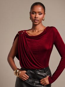 Silquee Women's Solid Color Shoulder Metal Design Pleated One-Shoulder Long Sleeve Bodysuit - Burgundy - View 3