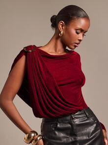 Silquee Women's Solid Color Shoulder Metal Design Pleated One-Shoulder Long Sleeve Bodysuit - Burgundy - View 10
