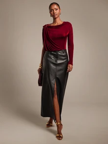 Silquee Women's Solid Color Shoulder Metal Design Pleated One-Shoulder Long Sleeve Bodysuit - Burgundy - View 8