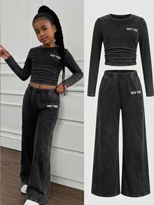 SHEIN Setelan Anak Perempuan Remaja 2pcs/Set: Kaos Lengan Panjang dan Celana Panjang Model Ribbed dengan Bordir Huruf, Pakaian Kasual Atletik untuk Kembali ke Sekolah. - MultiWarna - View 4