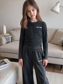 SHEIN Setelan Anak Perempuan Remaja 2pcs/Set: Kaos Lengan Panjang dan Celana Panjang Model Ribbed dengan Bordir Huruf, Pakaian Kasual Atletik untuk Kembali ke Sekolah. - MultiWarna - View 2