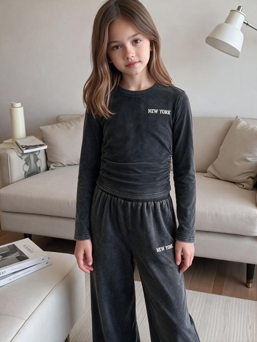 SHEIN Setelan Anak Perempuan Remaja 2pcs/Set: Kaos Lengan Panjang dan Celana Panjang Model Ribbed dengan Bordir Huruf, Pakaian Kasual Atletik untuk Kembali ke Sekolah.
