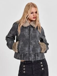 ROMWE Fall/Winter Y2K Street Punk British Distressed Camo Fur Patchwork Denim Jacket Coat - Grey - View 3