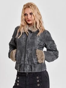 ROMWE Fall/Winter Y2K Street Punk British Distressed Camo Fur Patchwork Denim Jacket Coat - Grey - View 8