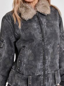 ROMWE Fall/Winter Y2K Street Punk British Distressed Camo Fur Patchwork Denim Jacket Coat - Grey - View 2