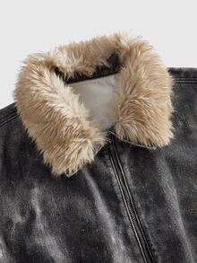 ROMWE Fall/Winter Y2K Street Punk British Distressed Camo Fur Patchwork Denim Jacket Coat - Grey - View 11