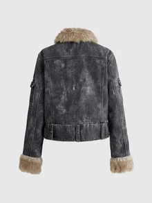ROMWE Fall/Winter Y2K Street Punk British Distressed Camo Fur Patchwork Denim Jacket Coat - Grey - View 10