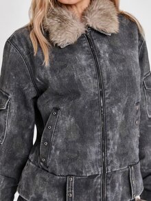 ROMWE Fall/Winter Y2K Street Punk British Distressed Camo Fur Patchwork Denim Jacket Coat - Grey - View 14