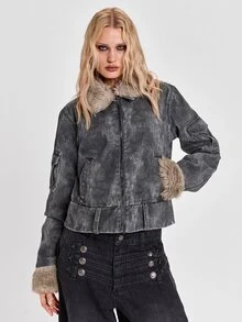 ROMWE Fall/Winter Y2K Street Punk British Distressed Camo Fur Patchwork Denim Jacket Coat - Grey - View 5