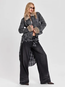 ROMWE Fall/Winter Y2K Street Punk British Distressed Camo Fur Patchwork Denim Jacket Coat - Grey - View 7