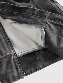 ROMWE Fall/Winter Y2K Street Punk British Distressed Camo Fur Patchwork Denim Jacket Coat - Grey - View 13