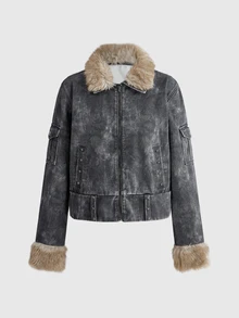 ROMWE Fall/Winter Y2K Street Punk British Distressed Camo Fur Patchwork Denim Jacket Coat - Grey - View 9