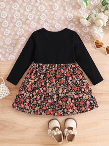 SHEIN Cute Colorblock Ditsy Floral Long Sleeve Dress For Baby Girls - Black - View 7