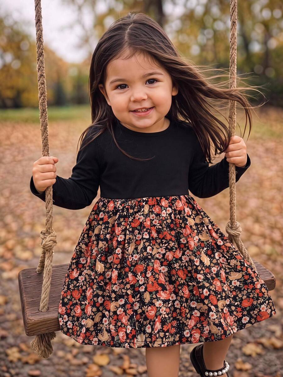 SHEIN Cute Colorblock Ditsy Floral Long Sleeve Dress For Baby Girls - Black - View 1