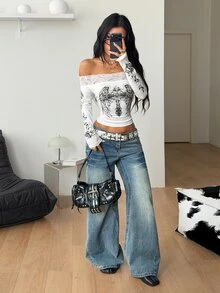 Coolane 女款秋冬街頭風休閒哥德 Y2K 復古圖案彈性對比蕾絲白色露肩長袖 T-shirt，萬聖節穿搭 - 黑與白 - 查看 2