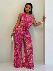 SHEIN Tall Vintage Fuchsia Printed Draped Neck & Wide Leg Pants 2-Piece Set, Flattering Casual Vacation Outfit, Tall Women - Multicolor - View 7