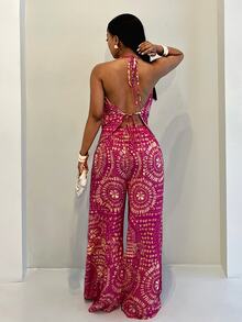 SHEIN Tall Vintage Fuchsia Printed Draped Neck & Wide Leg Pants 2-Piece Set, Flattering Casual Vacation Outfit, Tall Women - Multicolor - View 2