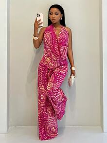 SHEIN Tall Vintage Fuchsia Printed Draped Neck & Wide Leg Pants 2-Piece Set, Flattering Casual Vacation Outfit, Tall Women - Multicolor - View 5