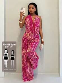 SHEIN Tall Vintage Fuchsia Printed Draped Neck & Wide Leg Pants 2-Piece Set, Flattering Casual Vacation Outfit, Tall Women - Multicolor - View 1