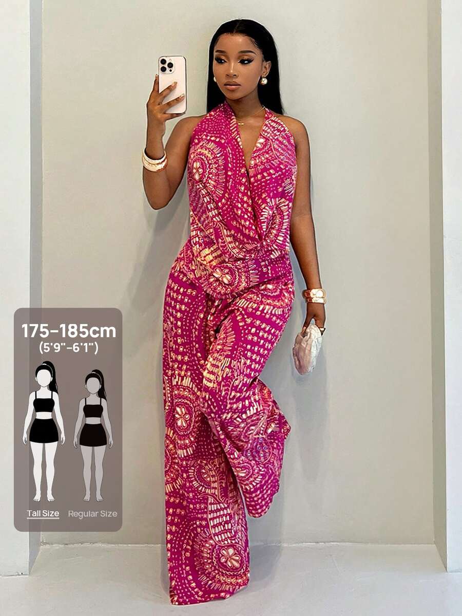 SHEIN Tall Vintage Fuchsia Printed Draped Neck & Wide Leg Pants 2-Piece Set, Flattering Casual Vacation Outfit, Tall Women - Multicolor - View 1