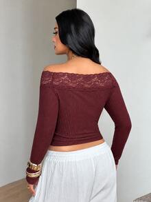 Coolane Women's Plus Size Fall Winter Elegant Formal Basic Daily Wear Casual Red Stretchy Comfortable Lace Patchwork Open Shoulder Long Sleeve Top Halloween - Burgundy - View 5