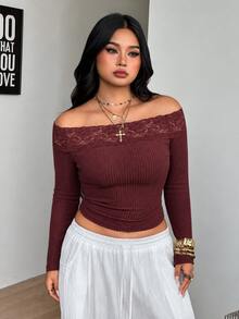 Coolane Women's Plus Size Fall Winter Elegant Formal Basic Daily Wear Casual Red Stretchy Comfortable Lace Patchwork Open Shoulder Long Sleeve Top Halloween - Burgundy - View 3