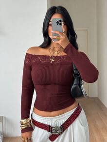 Coolane Women's Plus Size Fall Winter Elegant Formal Basic Daily Wear Casual Red Stretchy Comfortable Lace Patchwork Open Shoulder Long Sleeve Top Halloween - Burgundy - View 1
