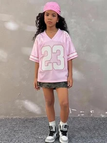 Coolane Kids Tween Girls' Summer Streetwear Y2K Cute Concert Sport Graphics Number Pattern Loose V-Neck Jersey T-Shirt,Parent-Child Clothing - Pink - View 4