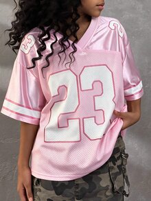 Coolane Kids Tween Girls' Summer Streetwear Y2K Cute Concert Sport Graphics Number Pattern Loose V-Neck Jersey T-Shirt,Parent-Child Clothing - Pink - View 1