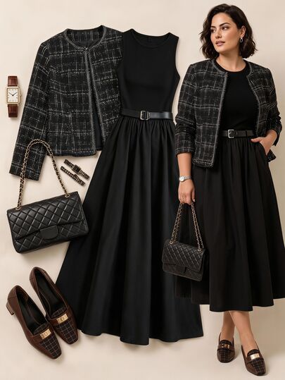 Grovea Plus Size Women's Elegant Commuter Party Office Round Neck Sleeveless Dress And Plaid Jacket 2 Pieces Set Fall Black