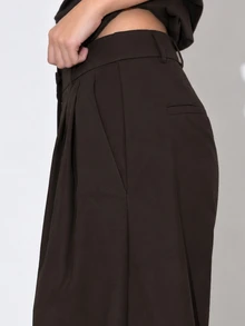 Zerodot Women Dark Brown High-Waist Front Pleated Tailored Pants Office Formal Casual Work Fall Pre Fall - Coffee Brown - View 5