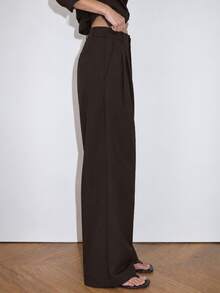 Zerodot Women Dark Brown High-Waist Front Pleated Tailored Pants Office Formal Casual Work Fall Pre Fall - Coffee Brown - View 4
