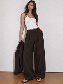 Zerodot Women Dark Brown High-Waist Front Pleated Tailored Pants Office Formal Casual Work Fall Pre Fall - Coffee Brown - View 3