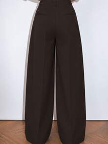 Zerodot Women Dark Brown High-Waist Front Pleated Tailored Pants Office Formal Casual Work Fall Pre Fall - Coffee Brown - View 2