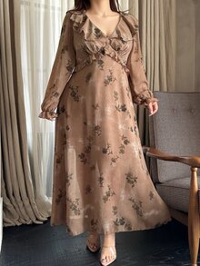 Vibekara Plus Size Women's Floral Print Long Sleeve Elegant Ruffle V-Neck Dress - Multicolor - View 3