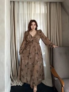 Vibekara Plus Size Women's Floral Print Long Sleeve Elegant Ruffle V-Neck Dress - Multicolor - View 5