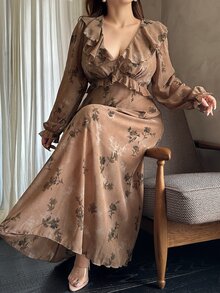 Vibekara Plus Size Women's Floral Print Long Sleeve Elegant Ruffle V-Neck Dress - Multicolor - View 7