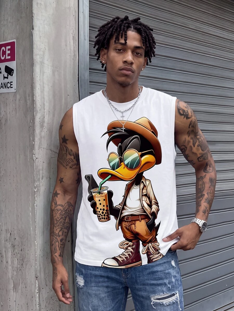 Dekonique Dekonique Men's Round Neck Sleeveless Top, Fashion For Summer Vacation White Streetwear - White - View 1