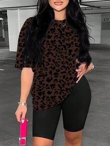 Dekonique Dekonique New Arrival Women's Fashion Leopard Print Round Neck Short Sleeve T-Shirt - Multicolor - View 5