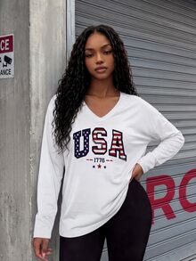 Rovax Plus Size Women's V-Neck Letter Print Casual Streetwear T-Shirt Fall Vacation White And Yellow - White - View 1