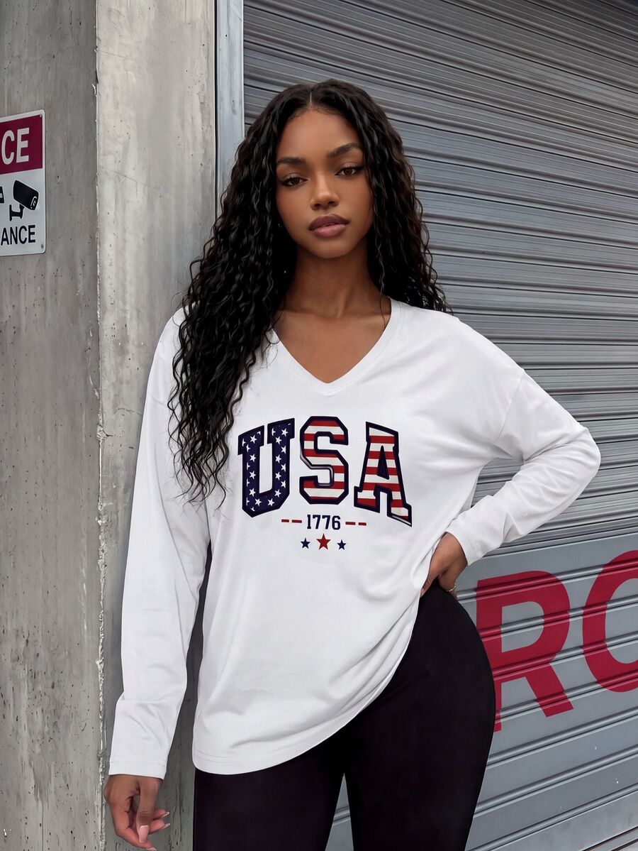 Rovax Plus Size Women's V-Neck Letter Print Casual Streetwear T-Shirt Fall Vacation White And Yellow - White - View 1