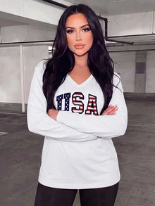 Rovax Plus Size Women's V-Neck Letter Print Casual Streetwear T-Shirt Fall Vacation White And Yellow - White - View 6
