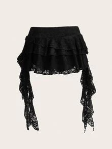 Sweetina Low Waist Casual Lace Wave-Trim Skirt With Safety Shorts To Prevent Exposure, For Vacation,Bohemian Clothes - Black - View 3