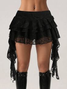 Sweetina Low Waist Casual Lace Wave-Trim Skirt With Safety Shorts To Prevent Exposure, For Vacation,Bohemian Clothes - Black - View 8