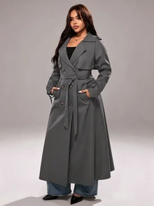 Rustia Plus Size Solid Color Double-Breasted Lapel Long Sleeve Casual Long Windbreaker Fall - Dark Grey - View 3